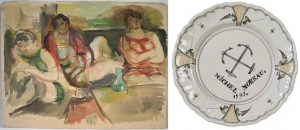 Deux œuvres achetées récemment par les Amis du musée: Epstein, Scène de maison close, vers 1920 et assiette à décor de deux ancres de marine croisées dédicacée "Michel Moreau 1793". 