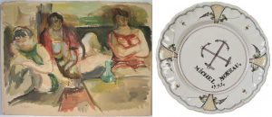 Deux œuvres achetées récemment par les Amis du musée: Epstein, Scène de maison close, vers 1920 et assiette à décor de deux ancres de marine croisées dédicacée "Michel Moreau 1793".
