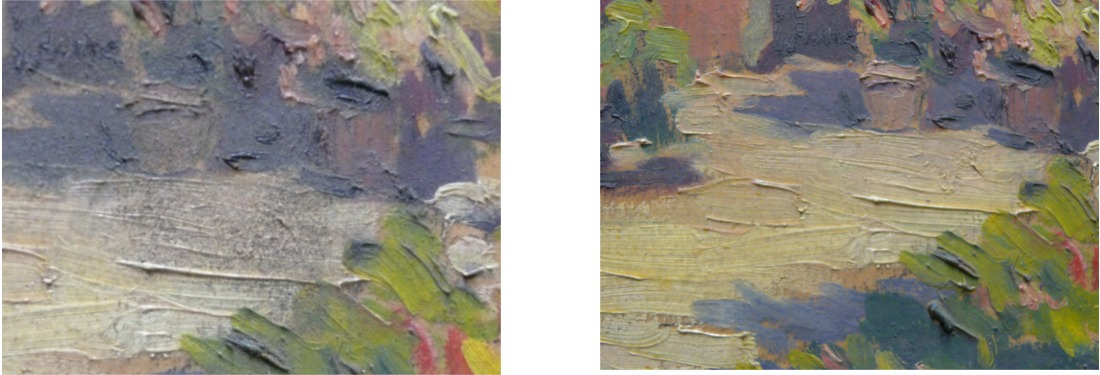 Detail einer Farbe vor und nach dem Abstauben