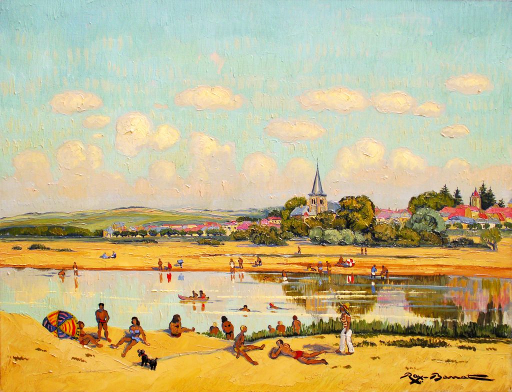 Carte postale REX-BARRAT, La plage à Pouilly, huile sur toile, Musée de la Loire de Cosne-Cours-sur-Loire