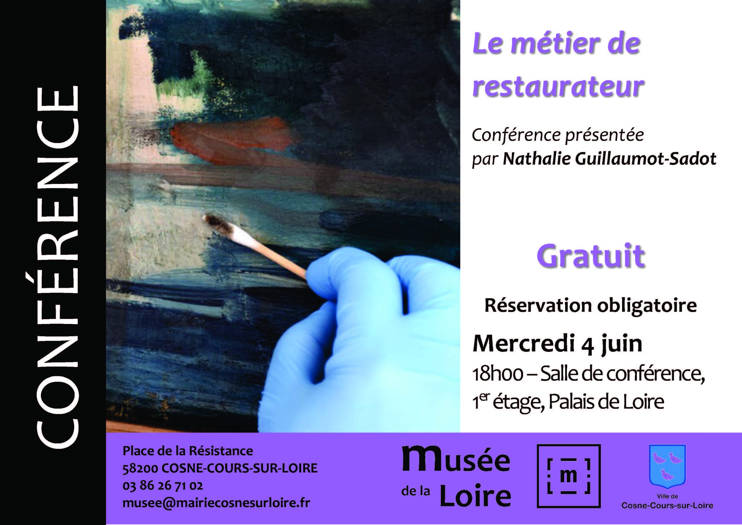 Conférence Le métier de restaurateur par Nathalie Guillaumot-Sadot Mercredi 4 juin 2025 à 18h organisée par le Musée de la Loire dans la salle de conférence du Palais de Loire GRATUIT