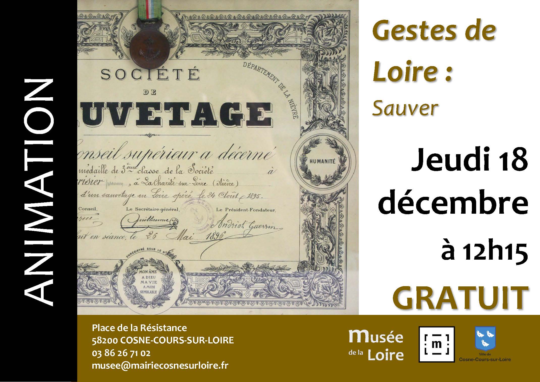 Animation Gestes de Loire : sauver Jeudi 18 décembre 2025 à 12h15 au Musée de la Loire de Cosne-Cours-sur-Loire Gratuit