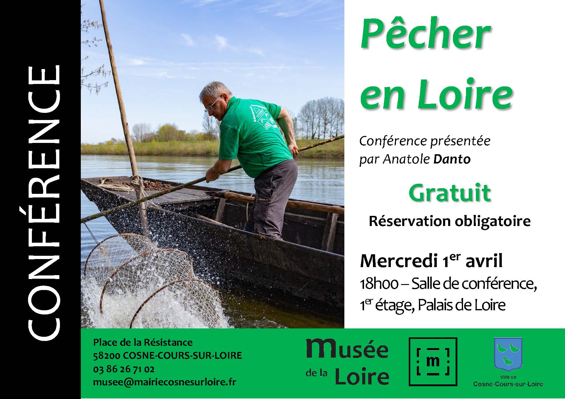 Conférence Pêcher en Loire Mercredi 1er avril 2026 A 18h Organisée par le musée de la Loire Salle de conférence du Palais de Loire de Cosne-Cours-sur-Loire