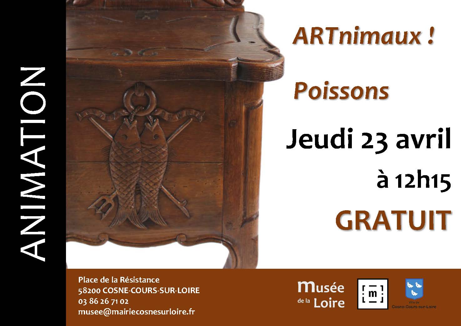 Bandeau ANIM ARTnimaux Poissons AVRIL ANIMATION ARTnimaux ! Poissons Jeudi 23 avril 2026 à 12h15 au Musée de la Loire de Cosne-Cours-sur-Loire GRATUIT