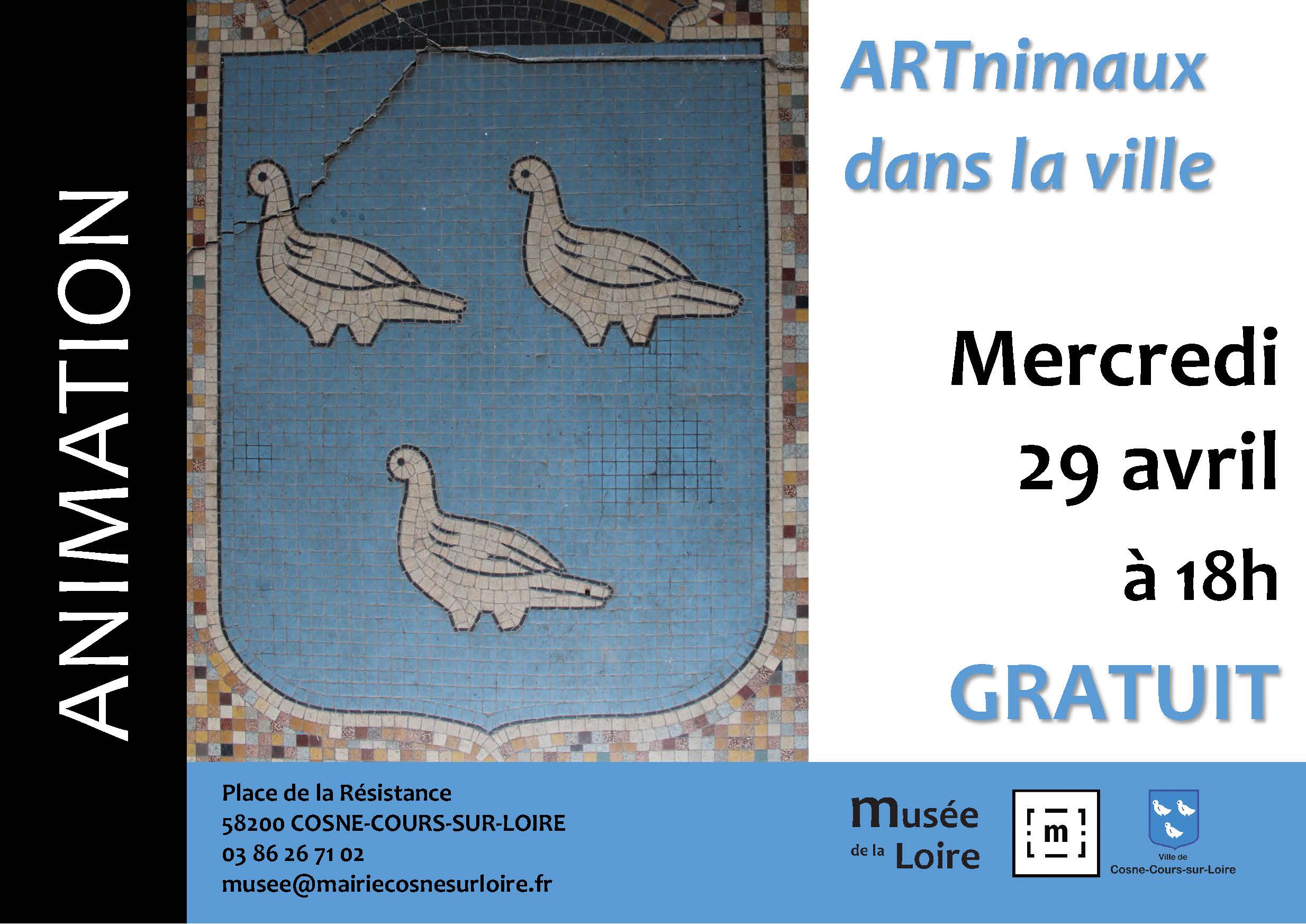 Bandeau ANIM ARTnimaux dans la ville AVRIL ANIMATION ARTnimaux dans la ville Mercredi 29 avril 2026 à 18h au Musée de la Loire de Cosne-Cours-sur-Loire GRATUIT