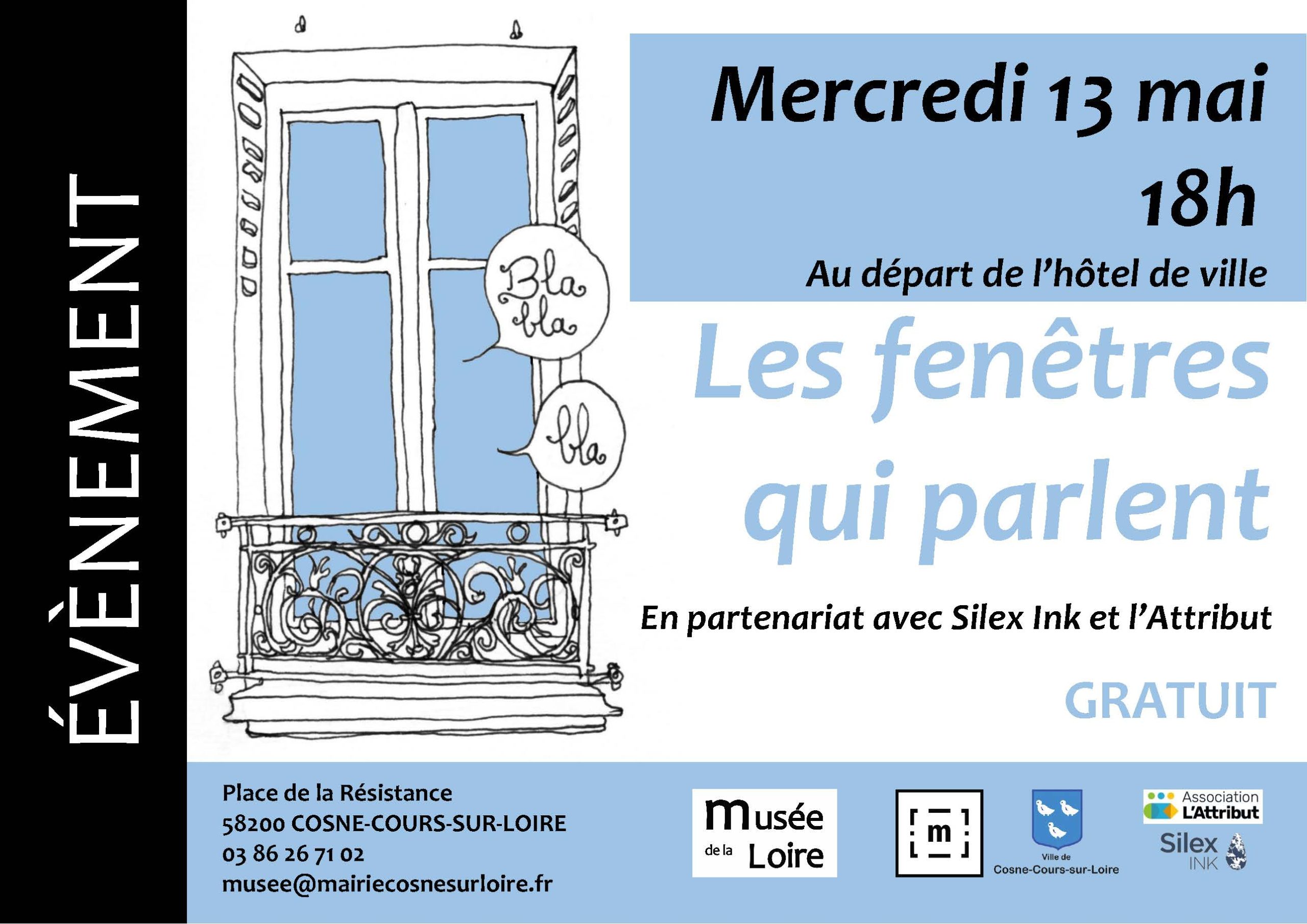 Les fenêtres qui parlent Mercredi 13 mai 18h au départ de l'hôtel de ville à Cosne-Cours-sur-Loire Gratuit