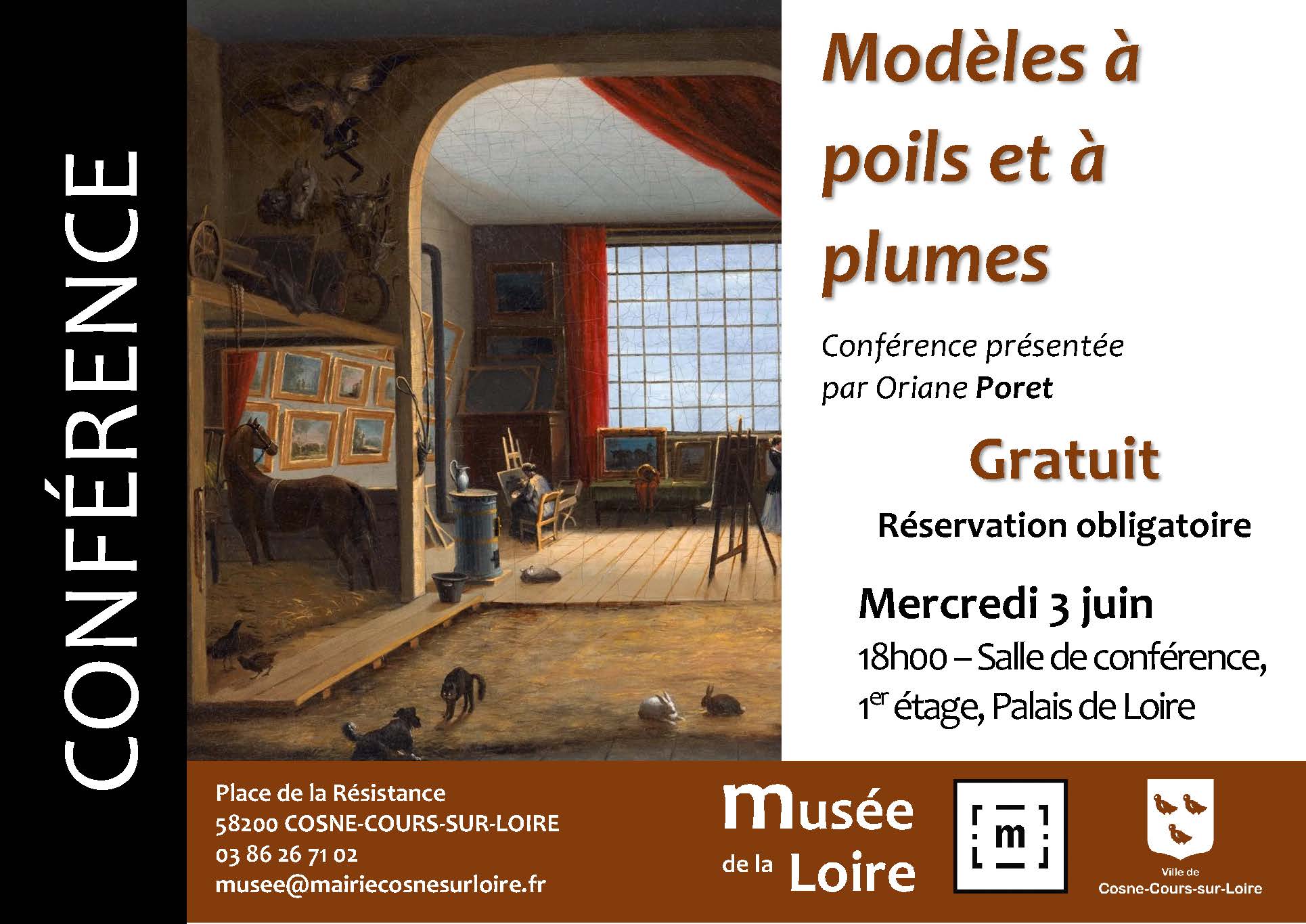 Conférence Modèles à poils et à plumes par Oriane Poret organisée par le Musée de la Loire de Cosne-Cours-sur-Loire Mercredi 3 juin 2026 à 18h Salle de conférence du Palais de Loire à Cosne Gratuit