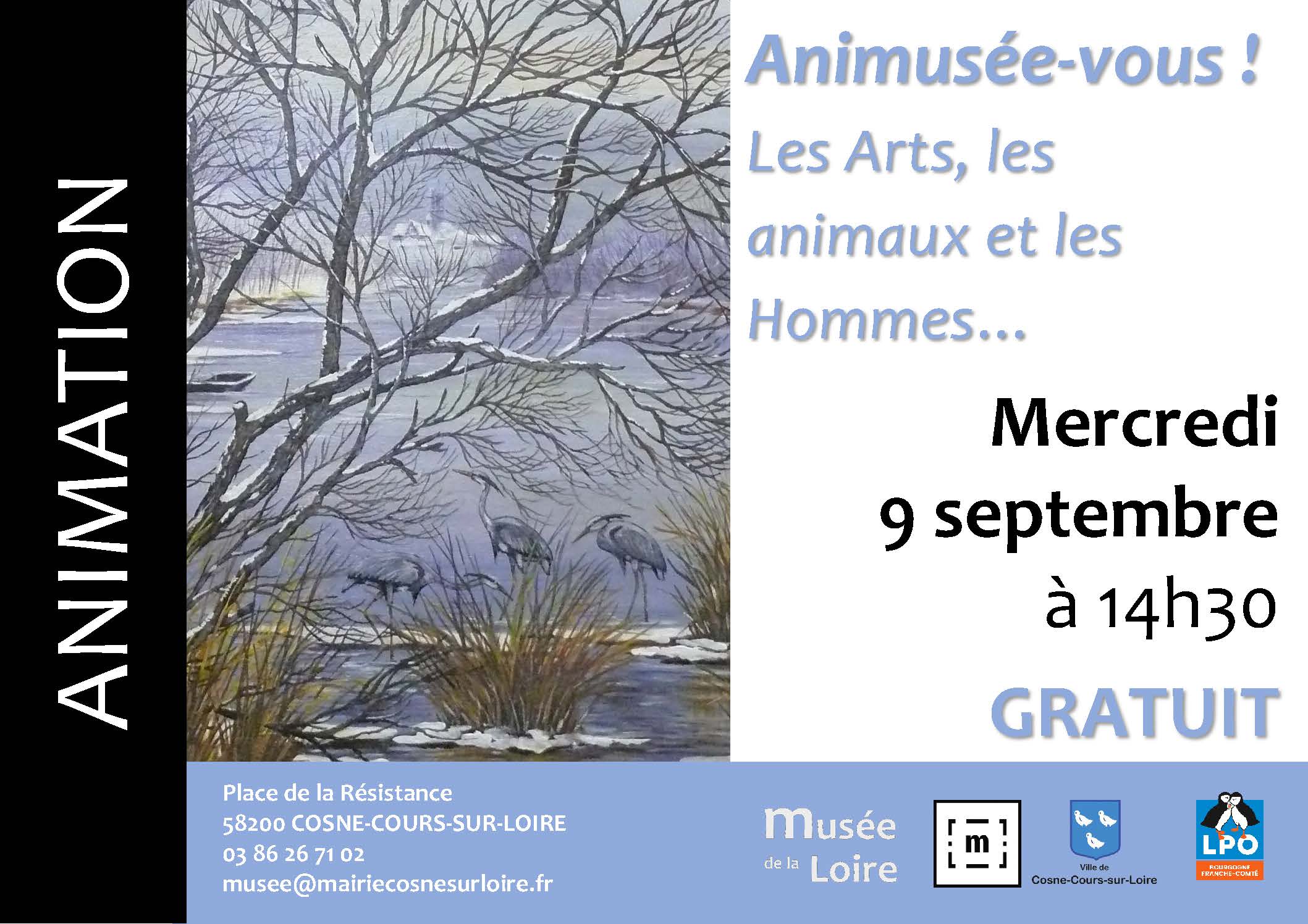 Bandeau ANIM Animusée-vous 9 SEPTEMBRE ANIMATION AniMUSEE-vous : les arts, les animaux et les Hommes Mercredi 9 septembre à 14h30 au Musée de la Loire de Cosne-Cours-sur-Loire Gratuit