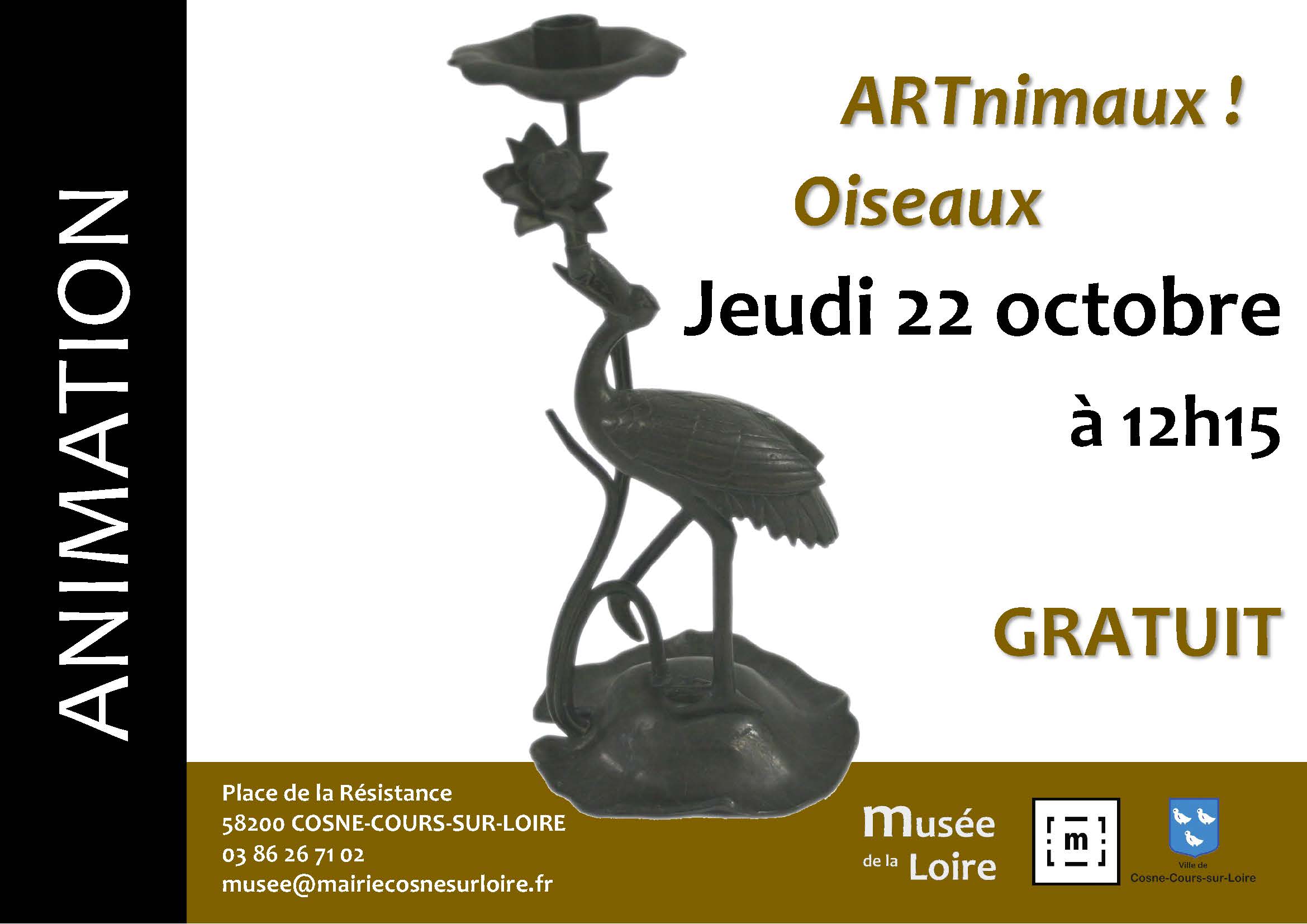 Bandeau ANIM ARTnimaux Oiseaux OCTOBRE Animation ARTnimaux Les oiseaux Jeudi 22 octobre 2026 à 12h15 au Musée de la Loire de Cosne-Cours-sur-Loire Gratuit