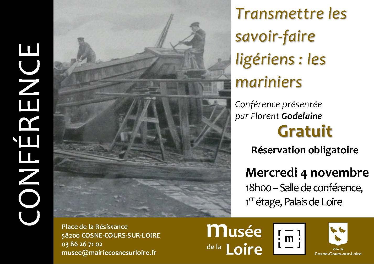 Bandeau CONF Mariniers NOVEMBRE Conférence Transmettre les savoir-faire ligériens : les mariniers présentée par Florent Godelaine organisée par le Musée de la Loire le mercredi 4 novembre 2026 à 18h Salle de conférence du Palais de Loire de Cosne-Cours-sur-Loire Gratuit